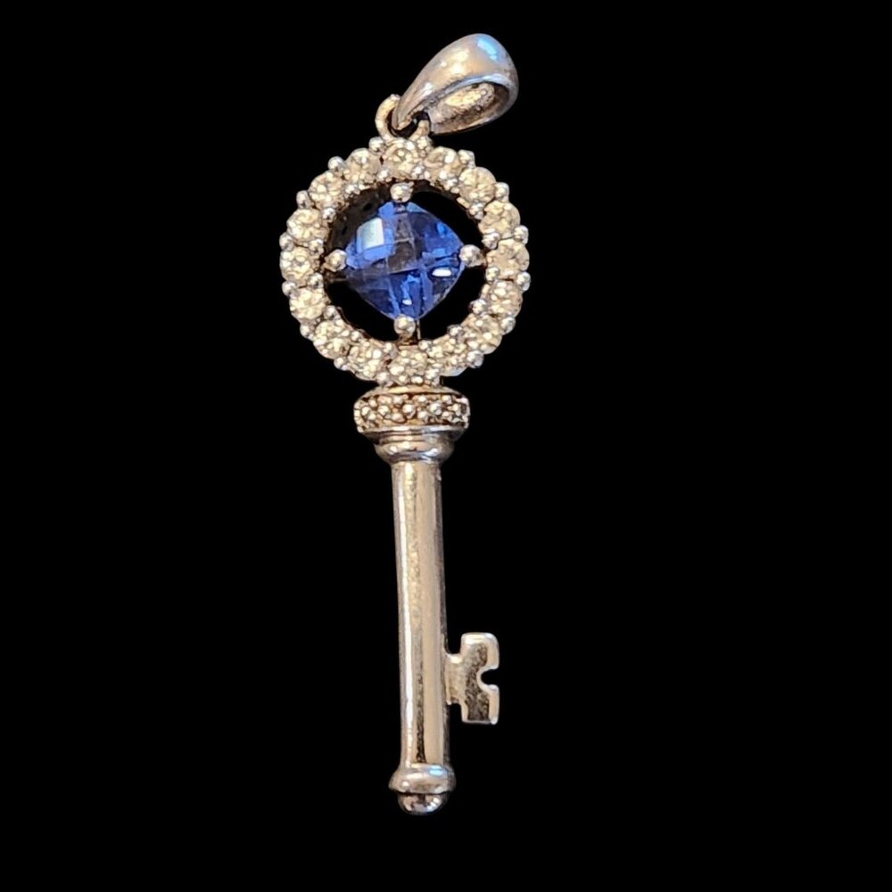Vintage "Key to my Heart" Sterling Blue stone, Cubic Zirconia Pendant 1.5" Long